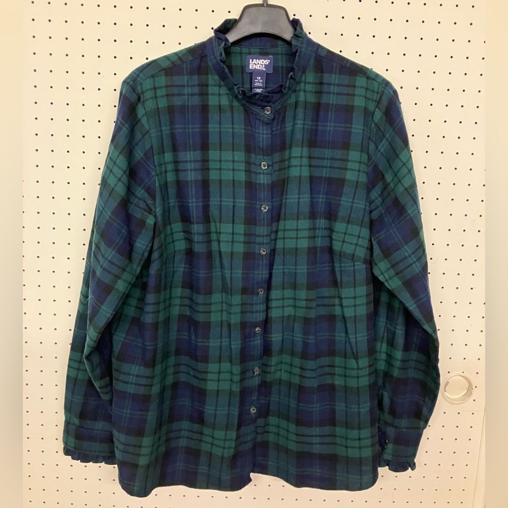 Lands' End Blue and Green, Black Watch Plaid Flannel Shirt, Ladies 1X.